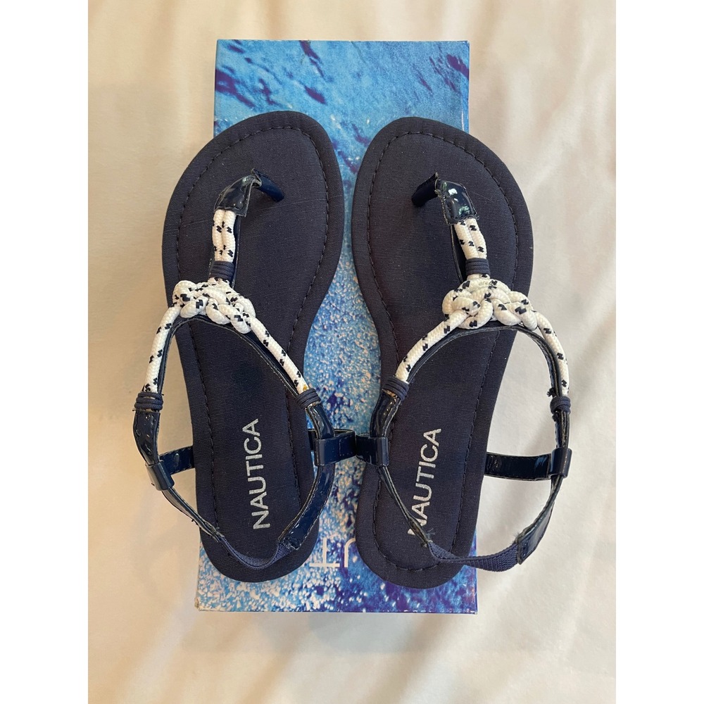 Nautica Tideway Womens T-Strap Sandals Navy Blue Rope Knot Flat Shoes NW033F-J 5